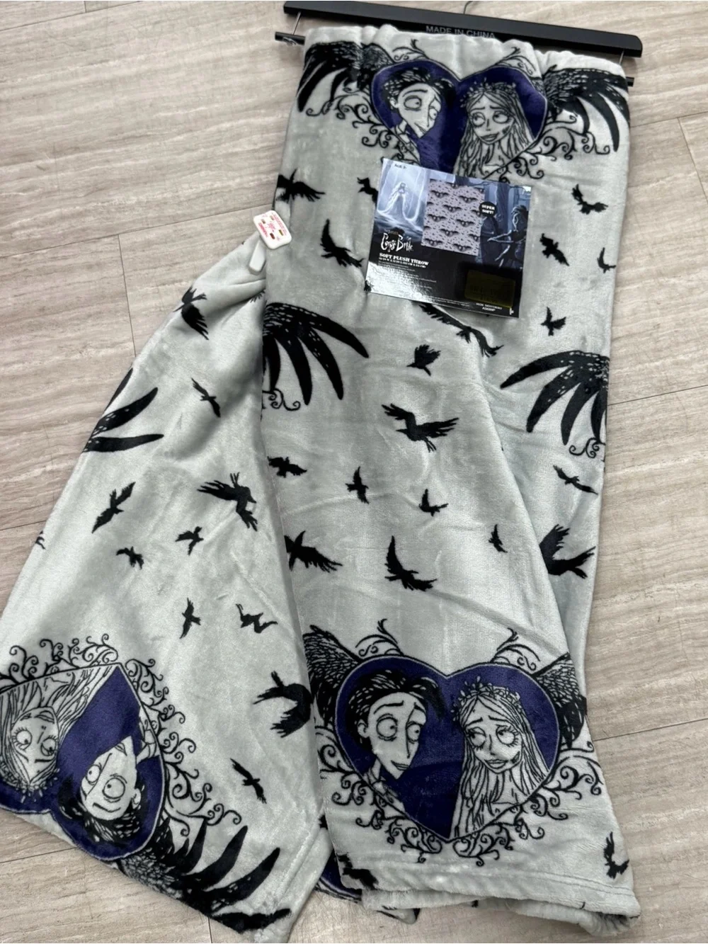 Tim Burton Couple Heart Plush Throw Blanket - Gray & Navy